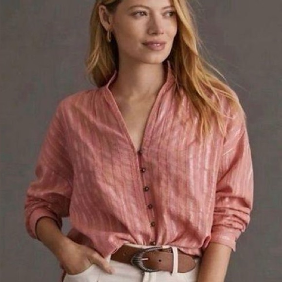 Anthropologie Tops - Pilcro The Tavi Top- Button Down Pink/coral w metallic stripe detail. size M